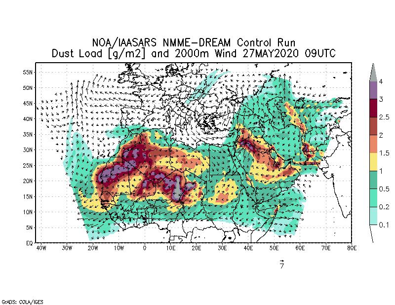 Dust load [g/m2] and 2000m Wind - 2020-05-27 09:00