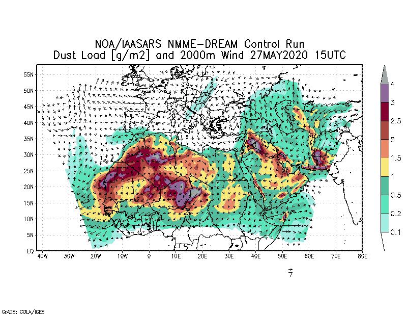 Dust load [g/m2] and 2000m Wind - 2020-05-27 15:00