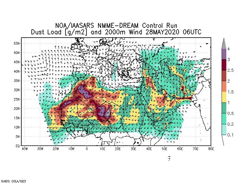 Dust load [g/m2] and 2000m Wind - 2020-05-28 06:00