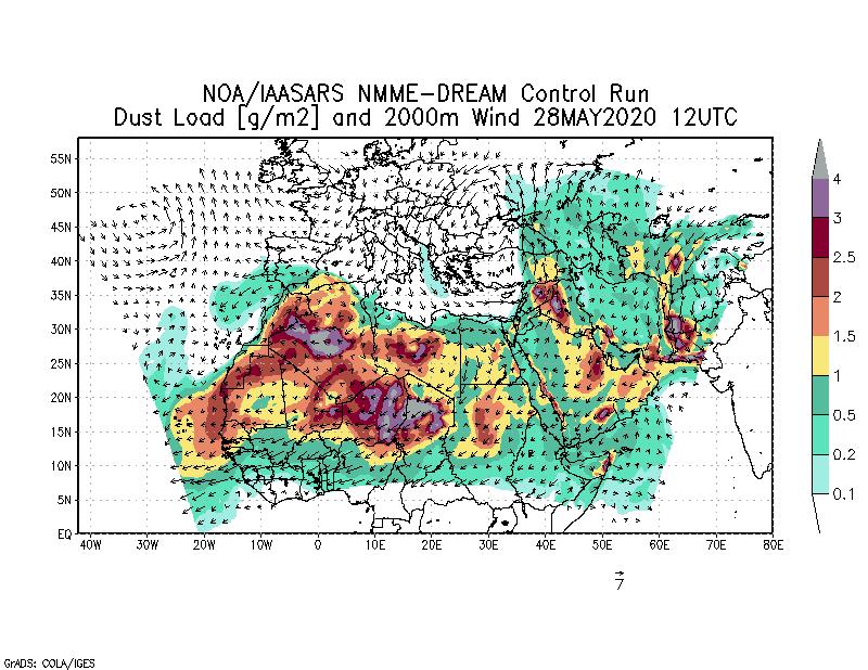 Dust load [g/m2] and 2000m Wind - 2020-05-28 12:00