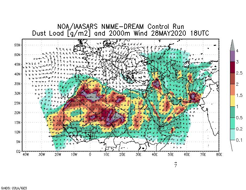 Dust load [g/m2] and 2000m Wind - 2020-05-28 18:00