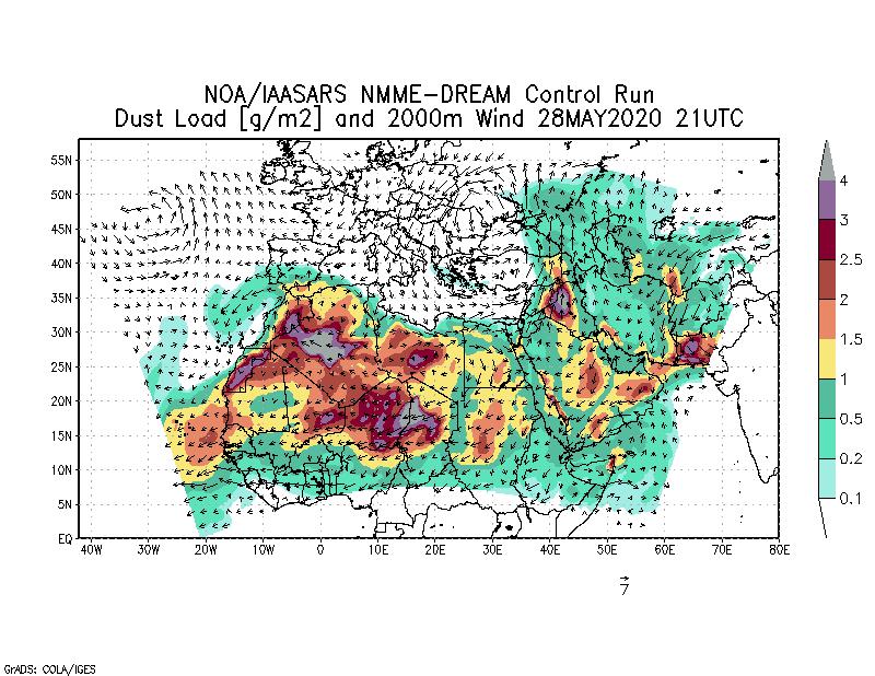 Dust load [g/m2] and 2000m Wind - 2020-05-28 21:00