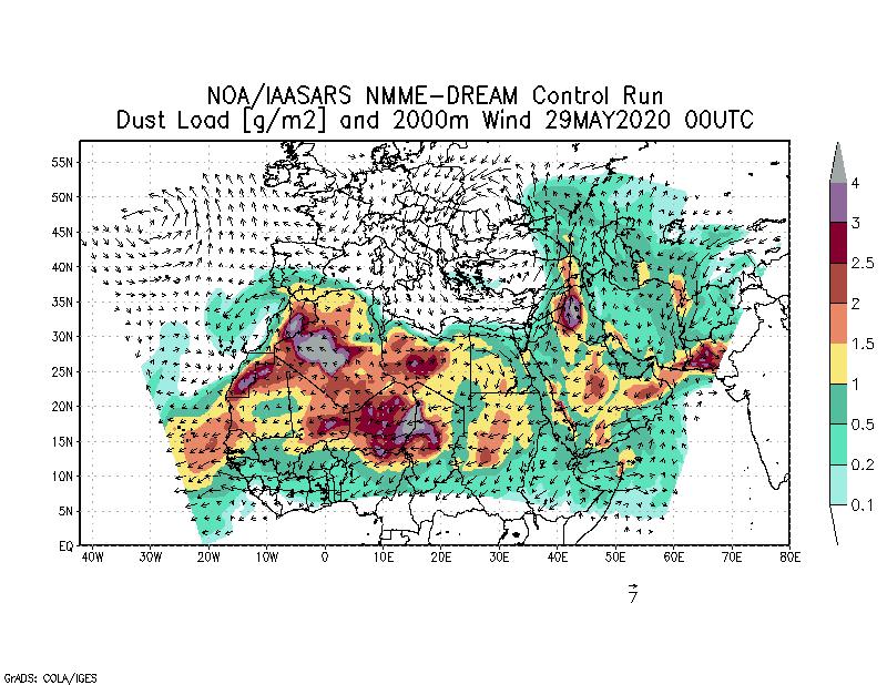 Dust load [g/m2] and 2000m Wind - 2020-05-29 00:00