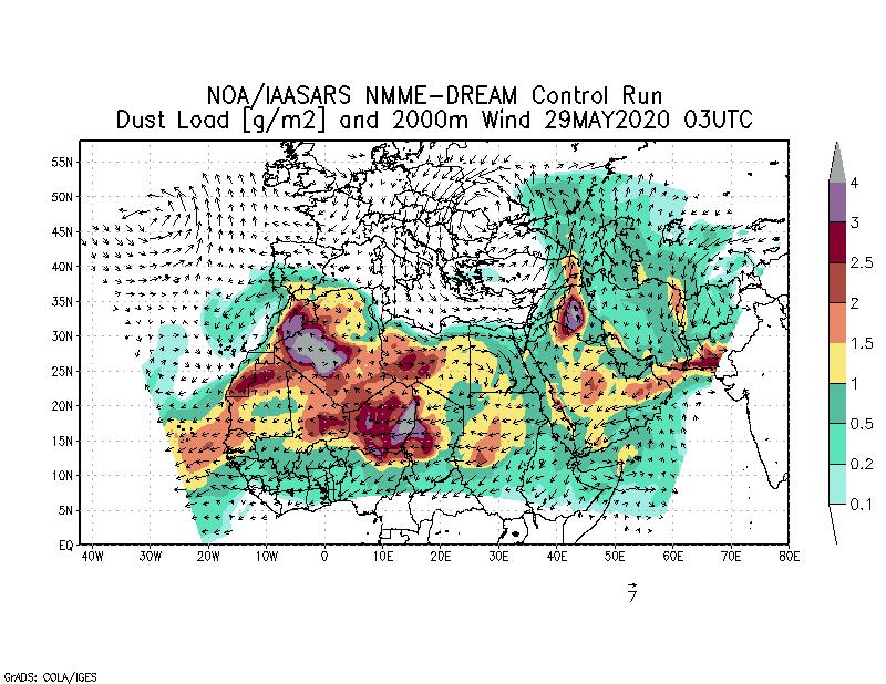 Dust load [g/m2] and 2000m Wind - 2020-05-29 03:00