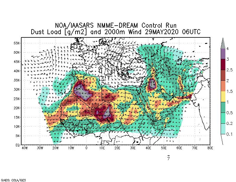 Dust load [g/m2] and 2000m Wind - 2020-05-29 06:00