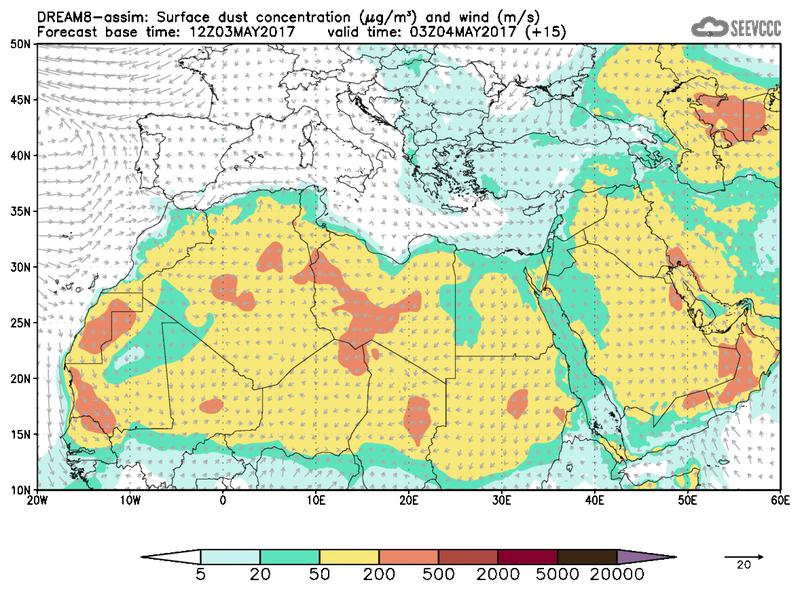 Surface dust concentration and wind at T03