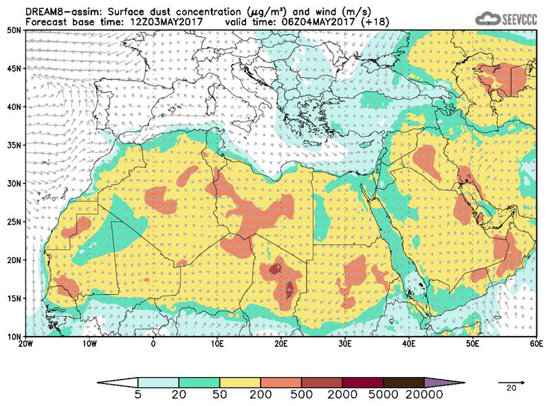 Surface dust concentration and wind at T06