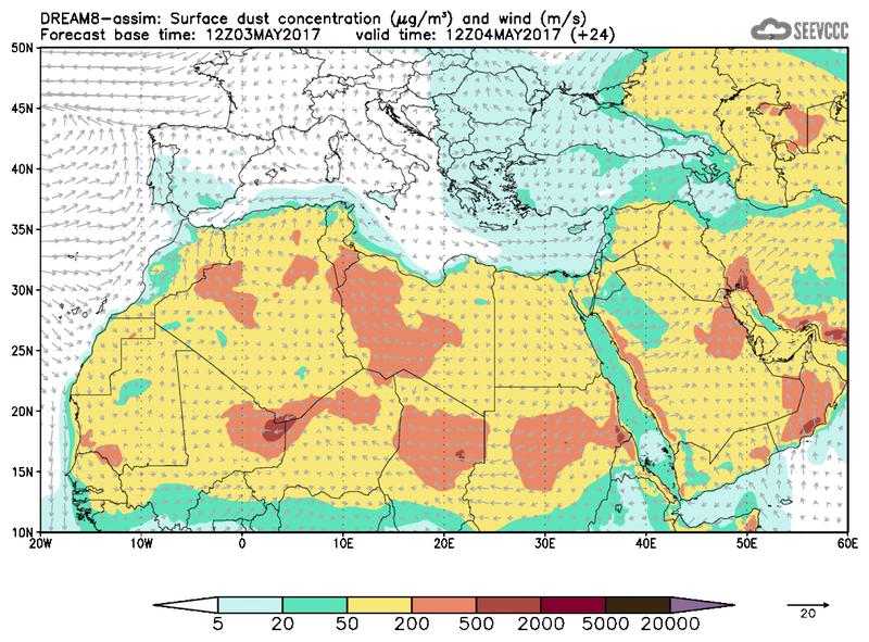 Surface dust concentration and wind at T12