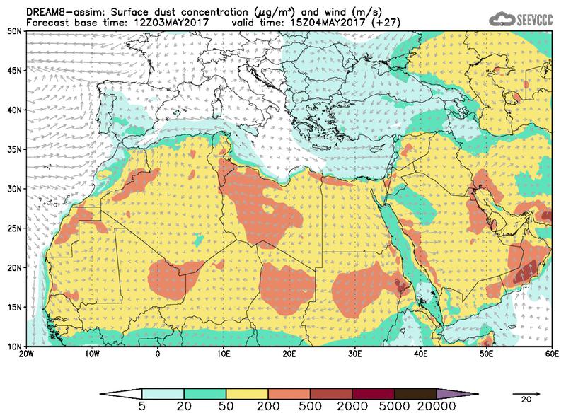 Surface dust concentration and wind at T15