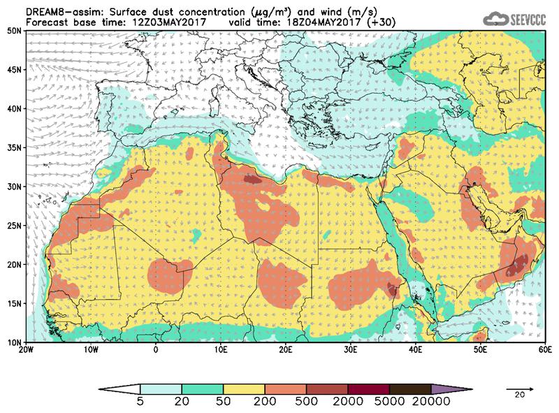 Surface dust concentration and wind at T18