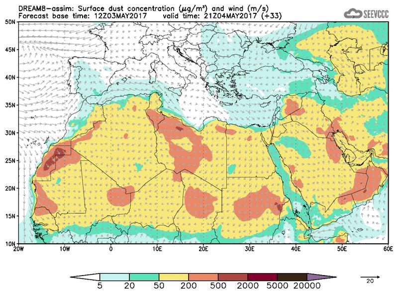 Surface dust concentration and wind at T21