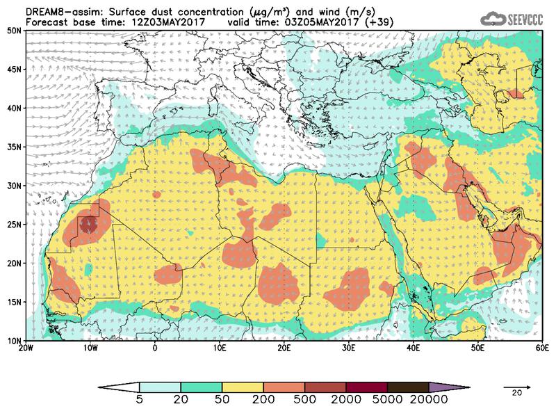 Surface dust concentration and wind at T27