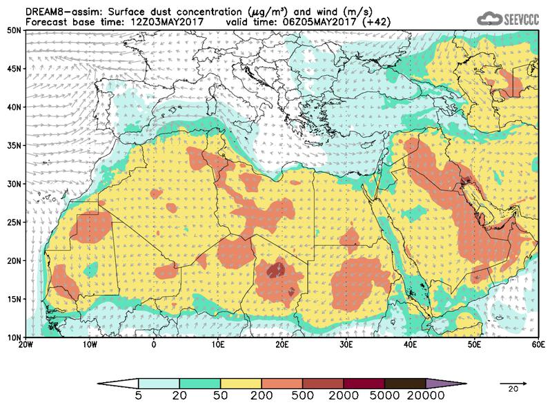 Surface dust concentration and wind at T30