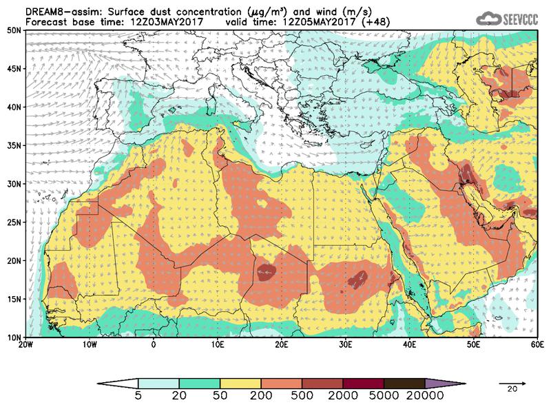 Surface dust concentration and wind at T36