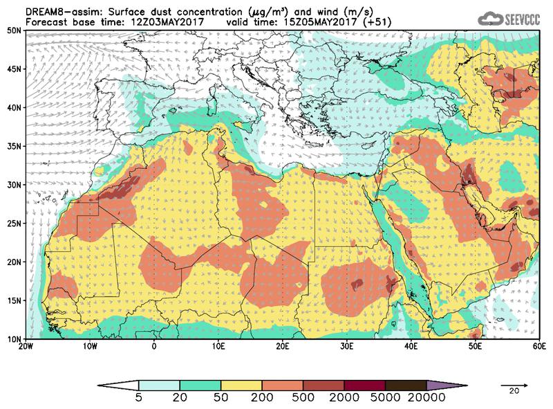 Surface dust concentration and wind at T39