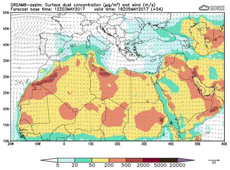 Surface dust concentration and wind at T42