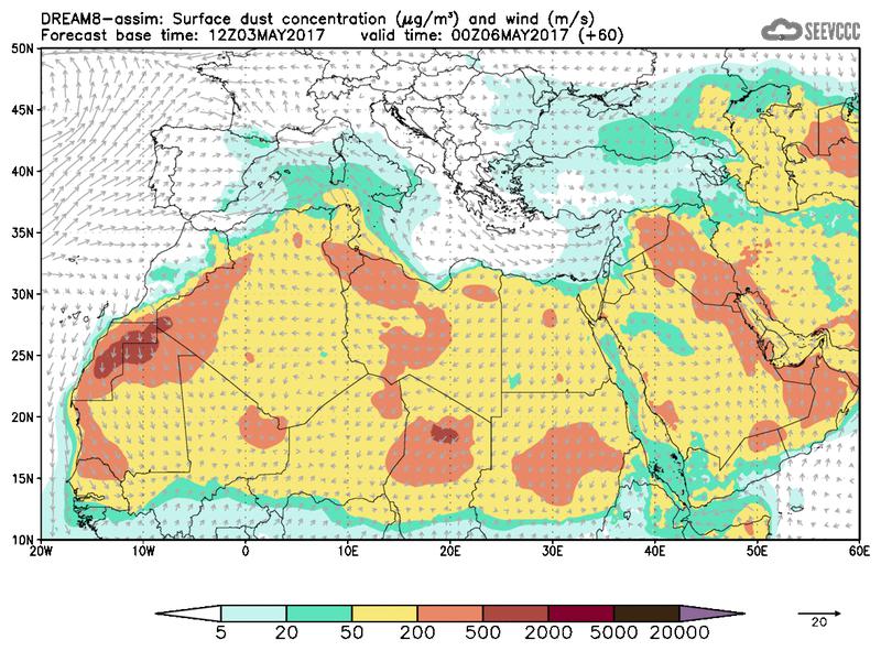 Surface dust concentration and wind at T48