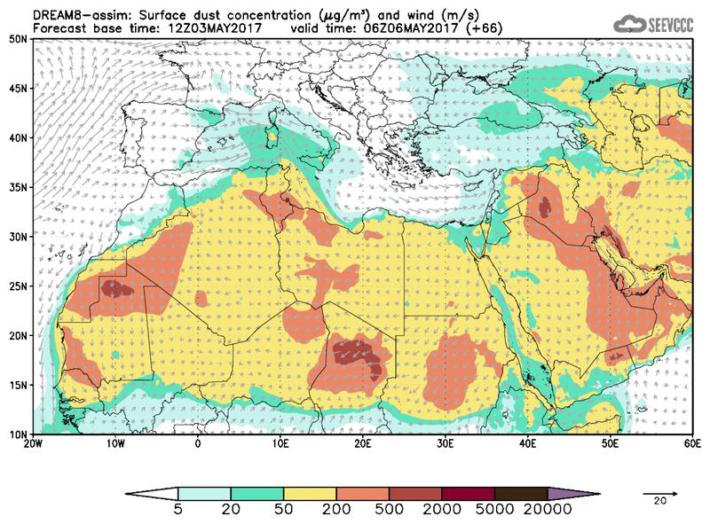 Surface dust concentration and wind at T54