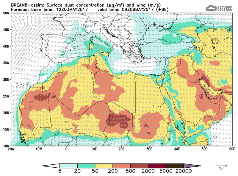 Surface dust concentration and wind at T57