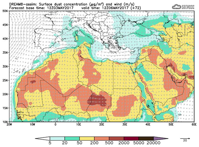 Surface dust concentration and wind at T60