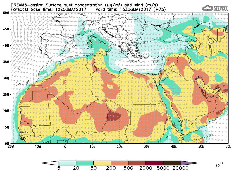 Surface dust concentration and wind at T63