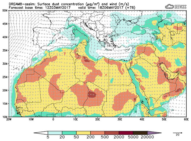 Surface dust concentration and wind at T66