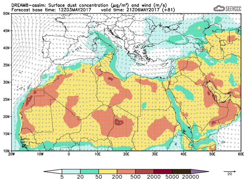 Surface dust concentration and wind at T69