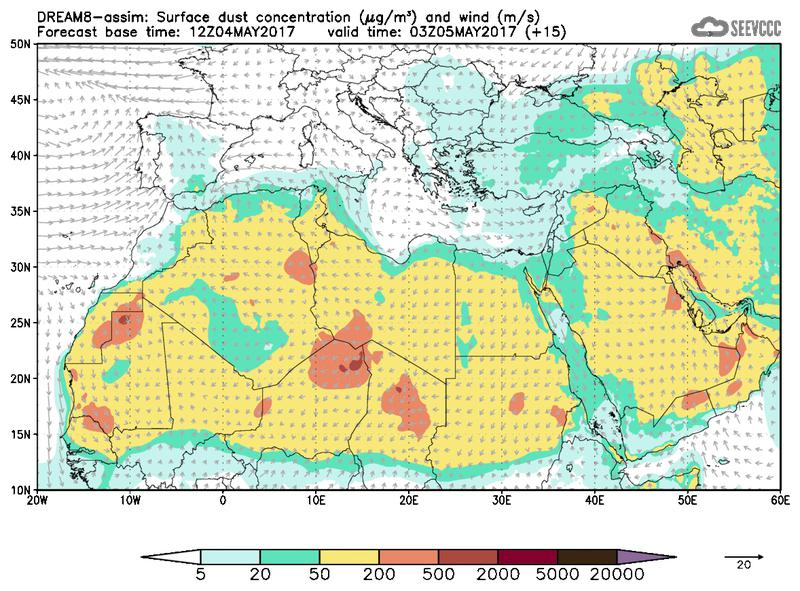 Surface dust concentration and wind at T03