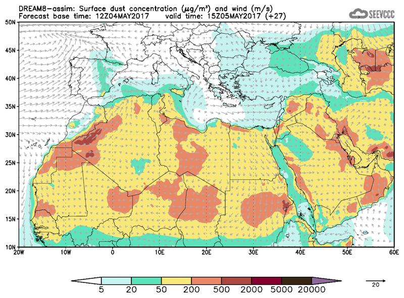 Surface dust concentration and wind at T15