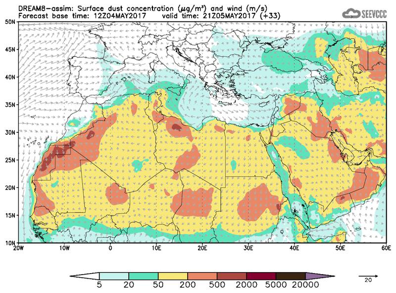 Surface dust concentration and wind at T21