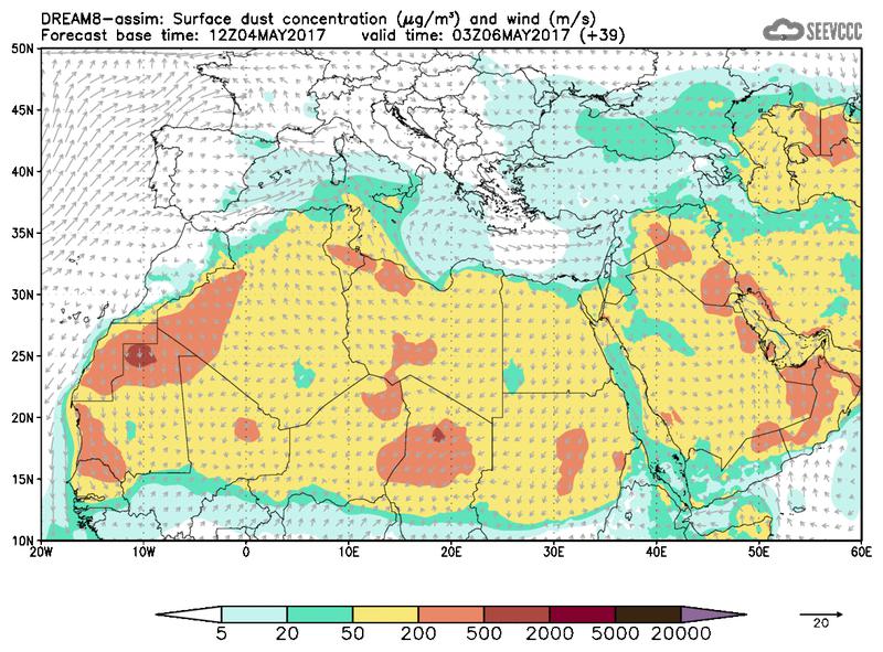 Surface dust concentration and wind at T27