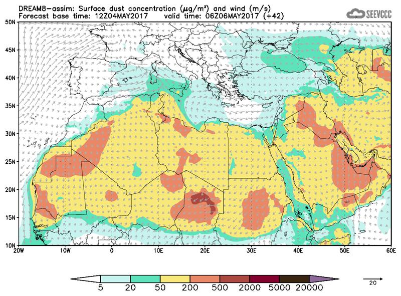 Surface dust concentration and wind at T30