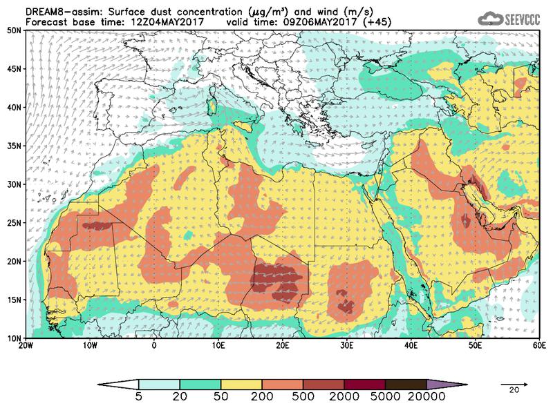 Surface dust concentration and wind at T33