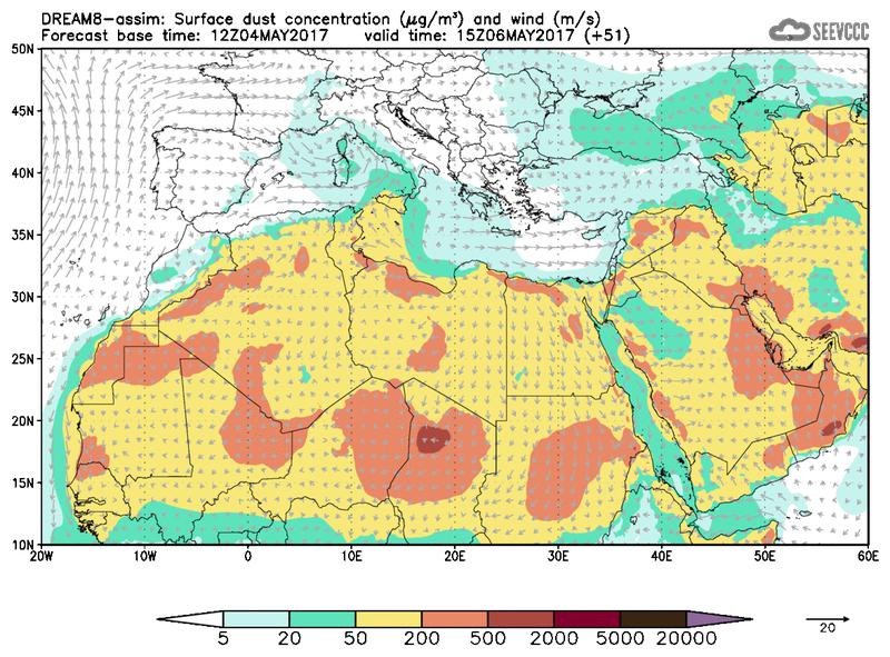 Surface dust concentration and wind at T39