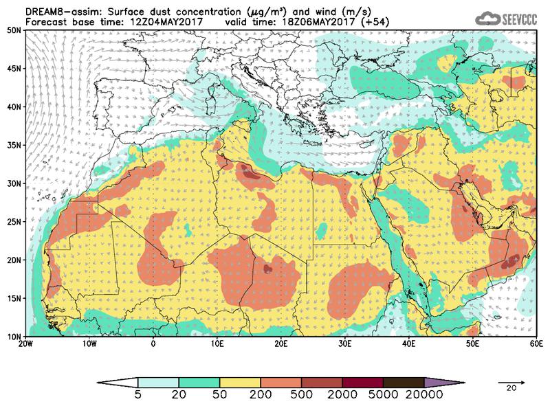 Surface dust concentration and wind at T42