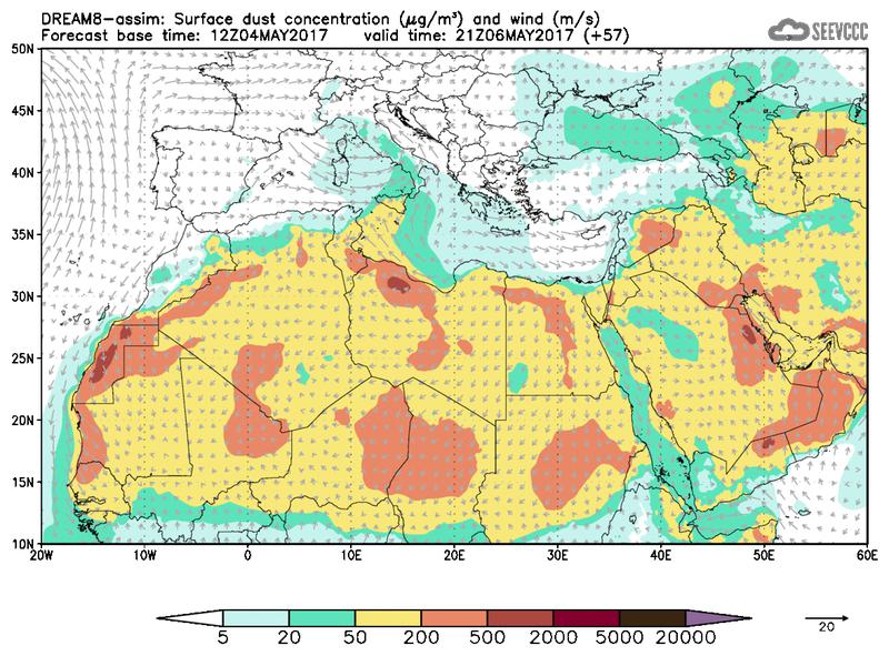 Surface dust concentration and wind at T45