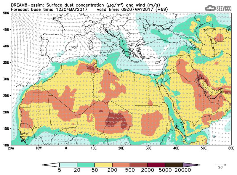 Surface dust concentration and wind at T57