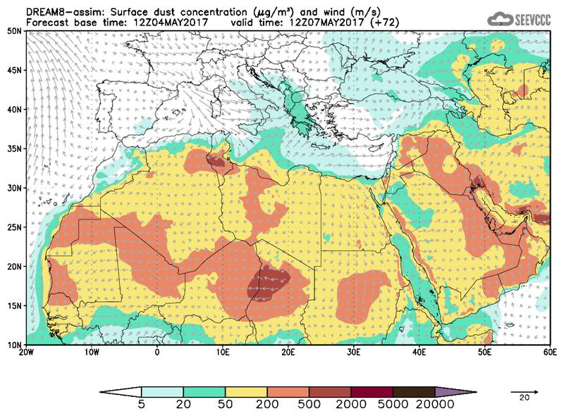 Surface dust concentration and wind at T60