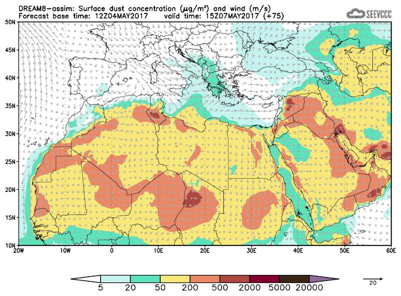 Surface dust concentration and wind at T63