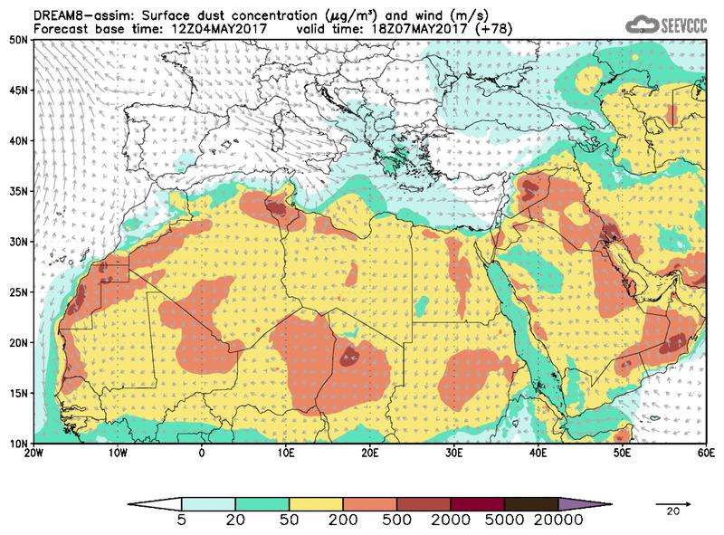 Surface dust concentration and wind at T66