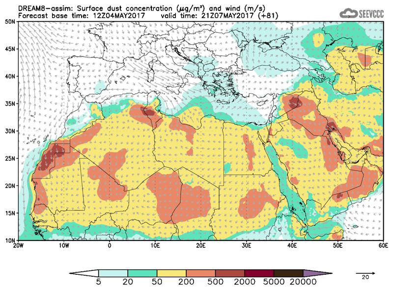 Surface dust concentration and wind at T69