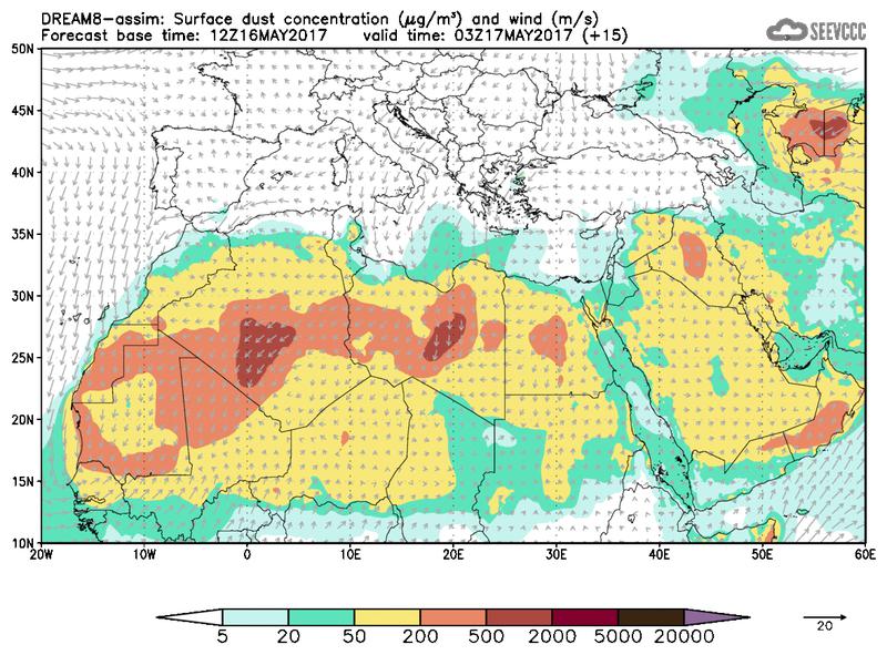 Surface dust concentration and wind at T03