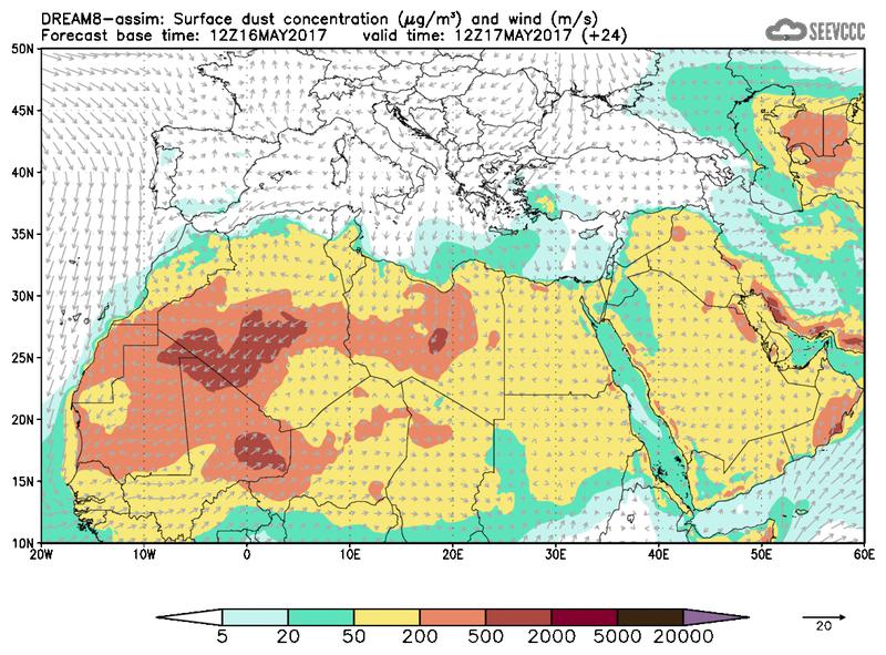 Surface dust concentration and wind at T12