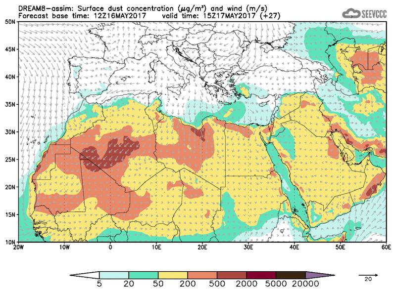 Surface dust concentration and wind at T15