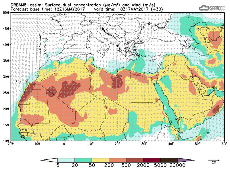 Surface dust concentration and wind at T18