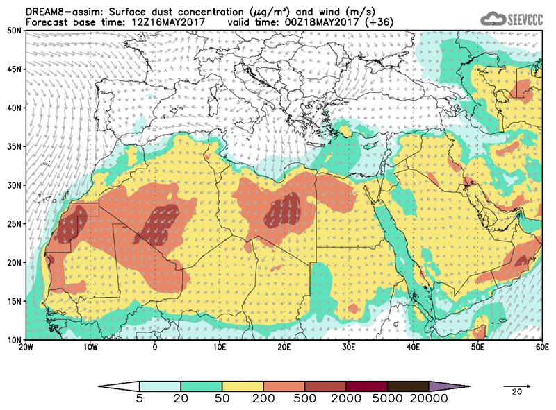 Surface dust concentration and wind at T24