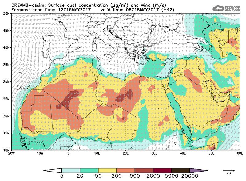 Surface dust concentration and wind at T30