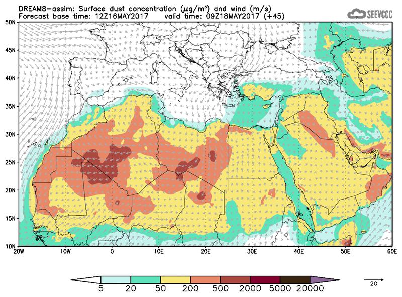 Surface dust concentration and wind at T33