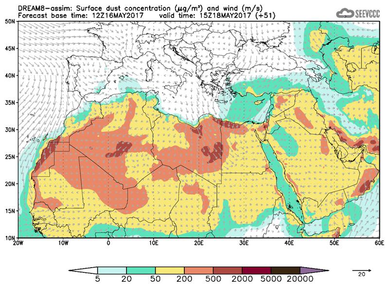 Surface dust concentration and wind at T39