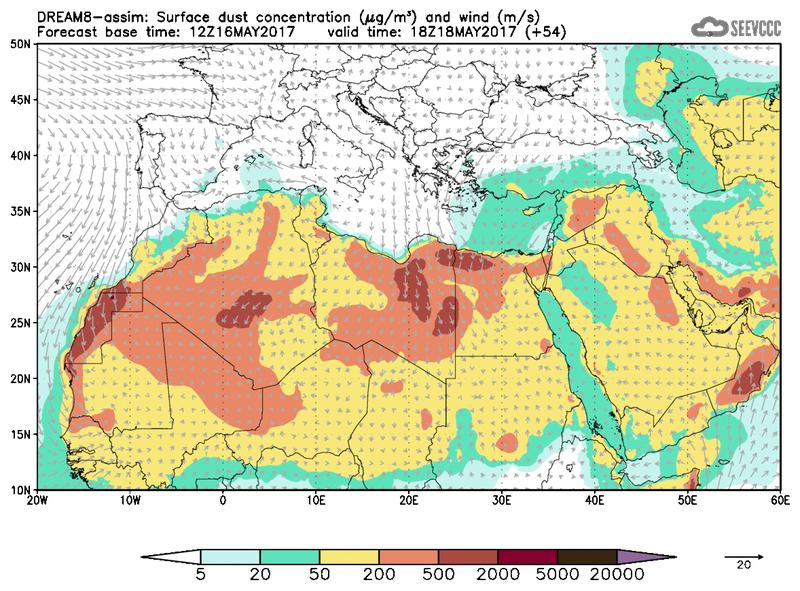 Surface dust concentration and wind at T42